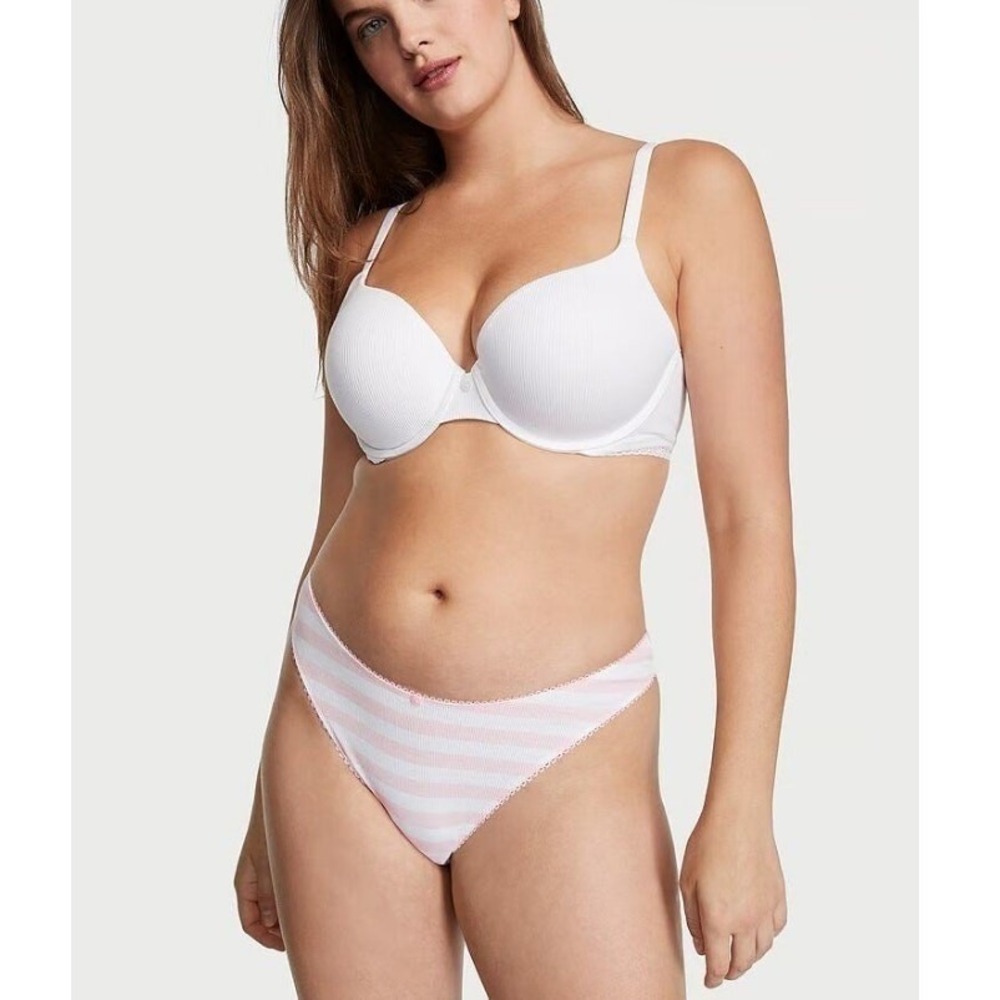 Victoria's‎ Secret Pink White Striped Ribbed Trim Thong Panty V-Front Size XS